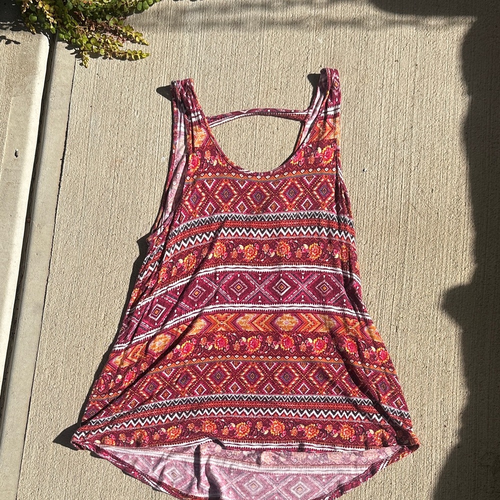 Pink Rose Geometric Print Tank Top - Red and Orange